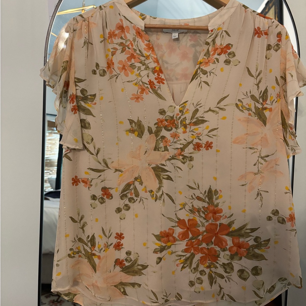 Joie Silk Cream Floral V-Neck Ruffle Sleeve Blouse with Orange & Olive Print